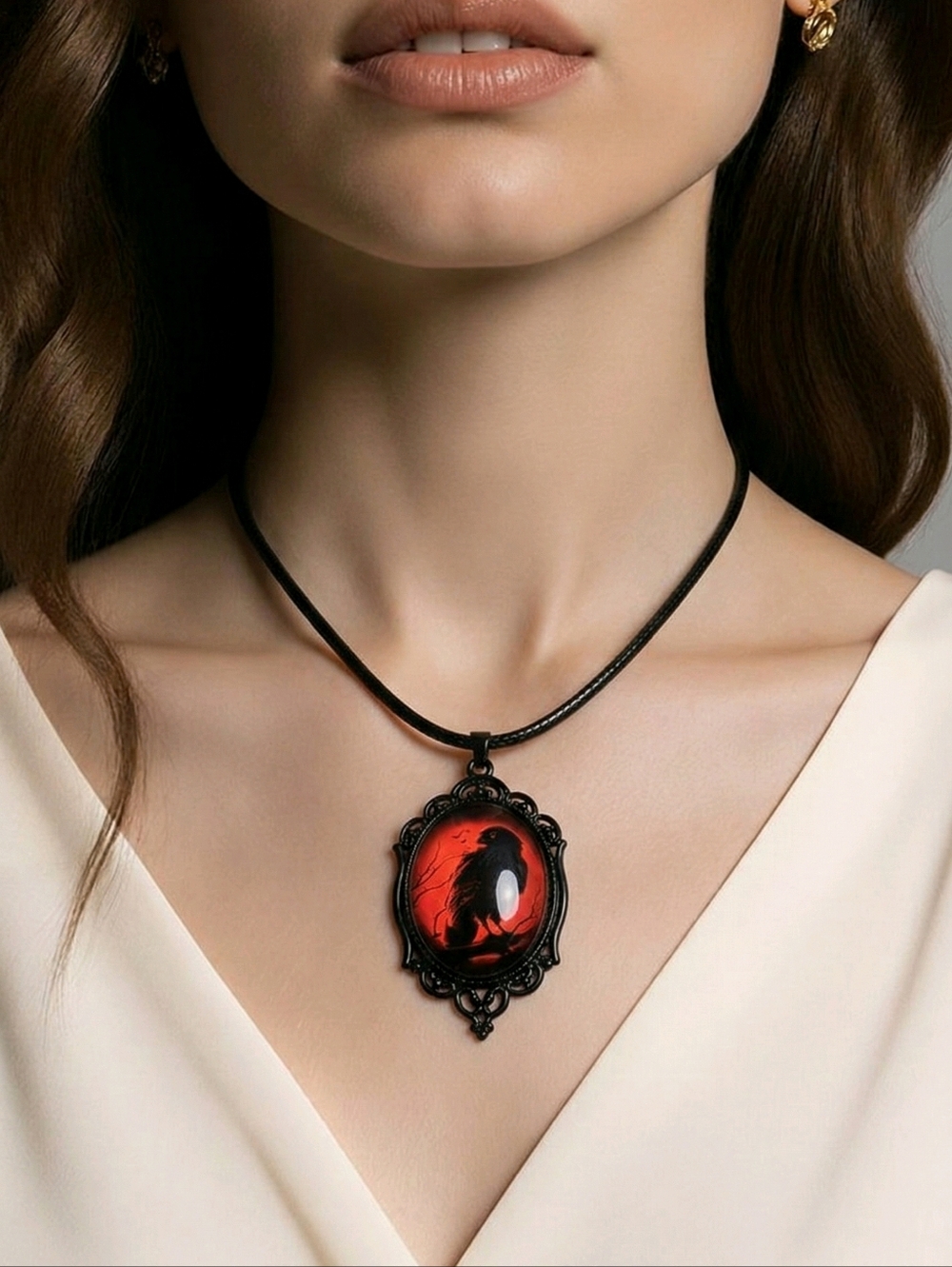 Black Raven Necklace Red Background Gothic Crow Pendant Glass Dome Dramatic Bold